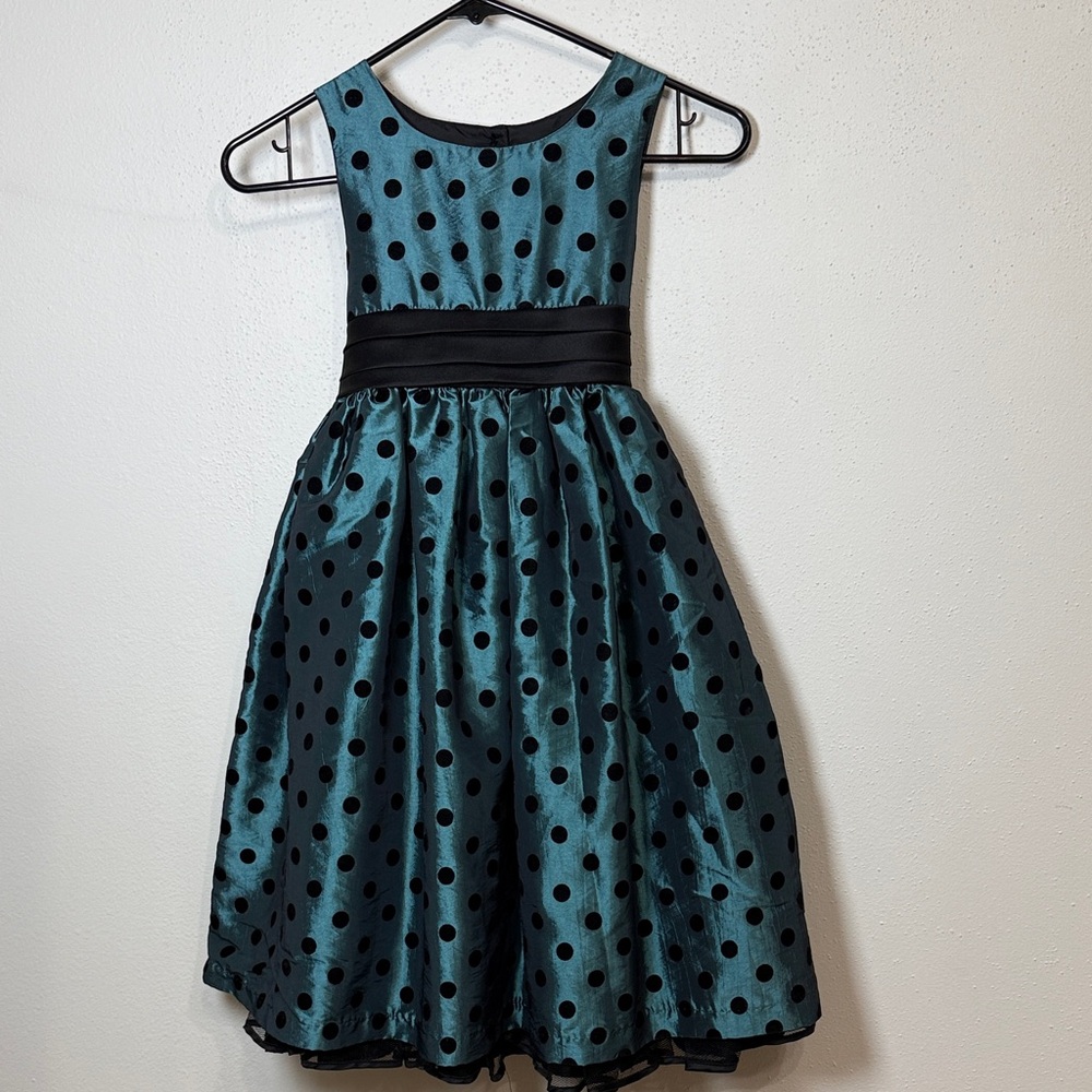 Vintage Girls Teal & Black Polka Dot Party Dress